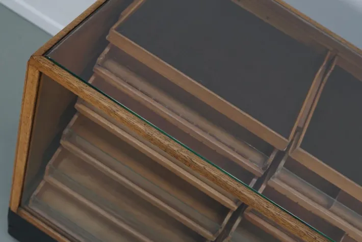 Pamono Vintage German Oak Glass Shop Counter Haberdashery Cabinet, 1950