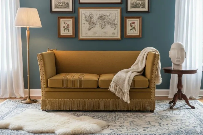 Pamono Vintage Green and Yellow Velvet Knole Sofa, 1950s Sale