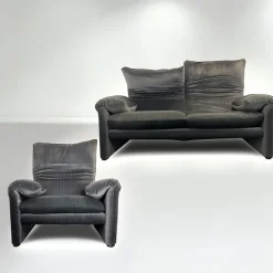 Pamono Vintage Grey Velvet Maralunga Sofa with Armchair by Vico Magistretti for Cassina, 1970s, Set of 2 Outlet