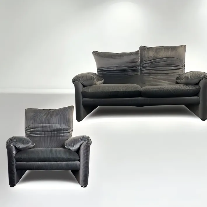 Pamono Vintage Grey Velvet Maralunga Sofa with Armchair by Vico Magistretti for Cassina, 1970s, Set of 2 Outlet