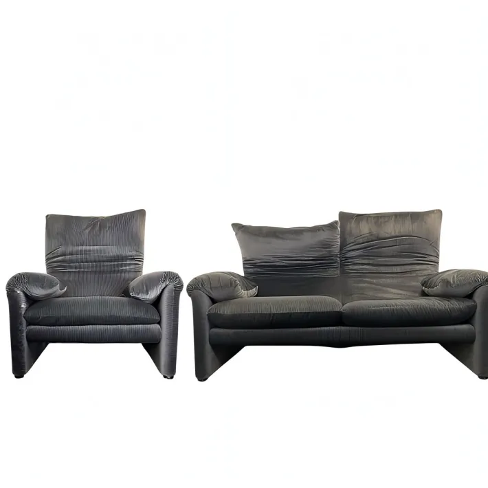 Pamono Vintage Grey Velvet Maralunga Sofa with Armchair by Vico Magistretti for Cassina, 1970s, Set of 2 Outlet
