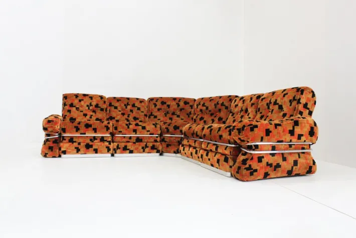 Pamono Vintage Italian Modular Sofa in Orange Velvet, 1970s, Set of 5 Clearance