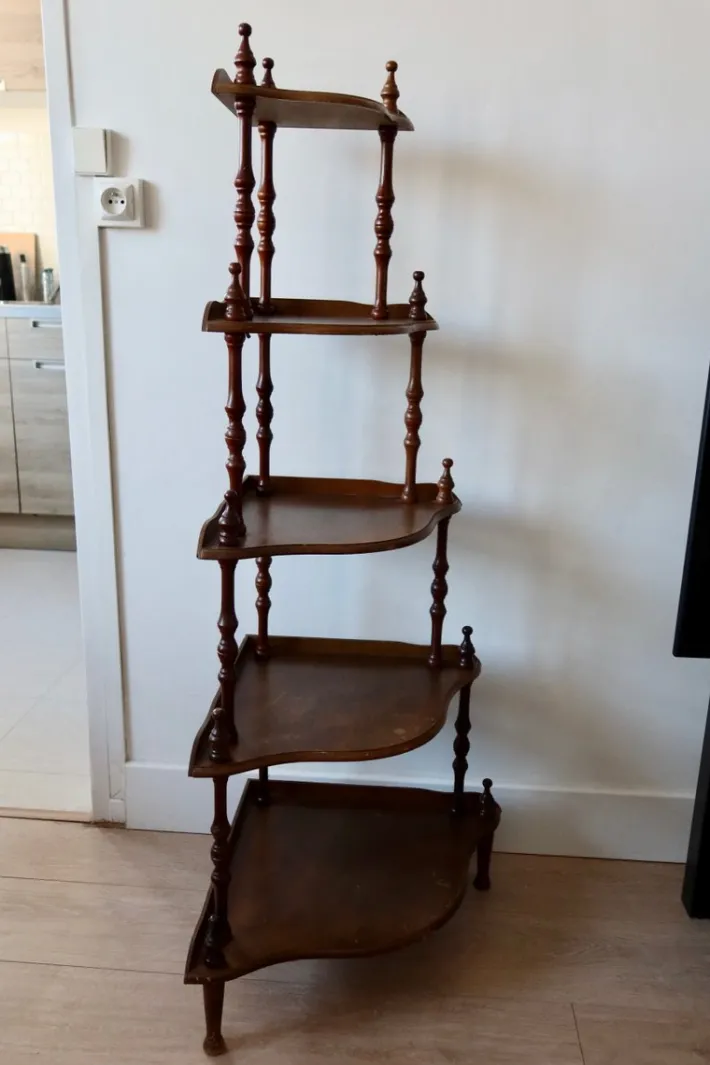 Pamono Vintage 5-Level Corner Shelf in Turned Wood