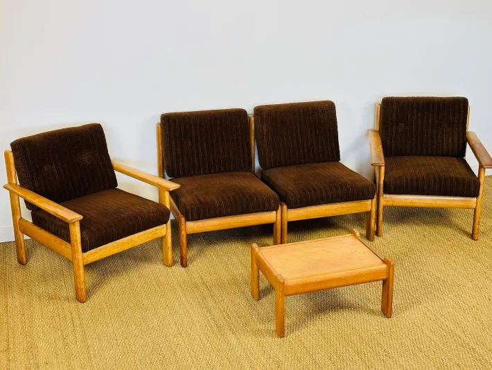 Pamono Vintage Oak and Corduroy Modular Living Room Set by Afra & Tobia Scarpa, 1960s, Set of 5