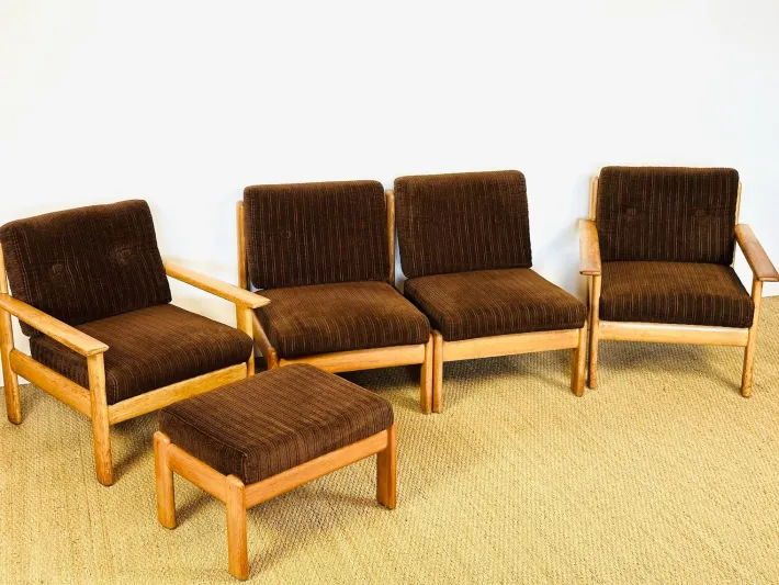 Pamono Vintage Oak and Corduroy Modular Living Room Set by Afra & Tobia Scarpa, 1960s, Set of 5