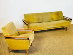 Pamono Vintage Scandinavian Teak and Velvet Convertible Sofa and Armchair, 1960s, Set of 2 Hot