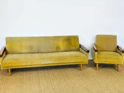 Pamono Vintage Scandinavian Teak and Velvet Convertible Sofa and Armchair, 1960s, Set of 2 Hot