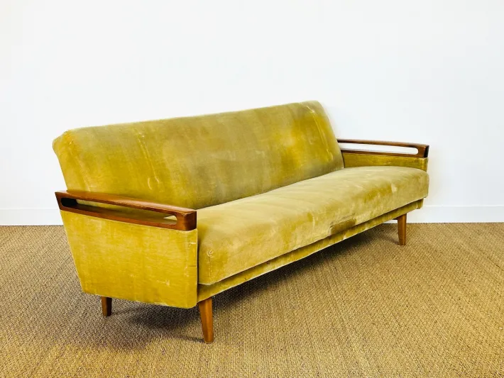 Pamono Vintage Scandinavian Teak and Velvet Convertible Sofa and Armchair, 1960s, Set of 2 Hot