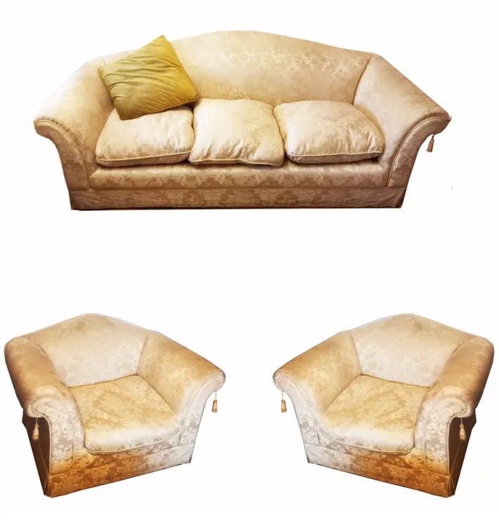 Pamono Vintage Sofa and Armchairs with Down and Damask Fabric, 1970s, Set of 3 Hot