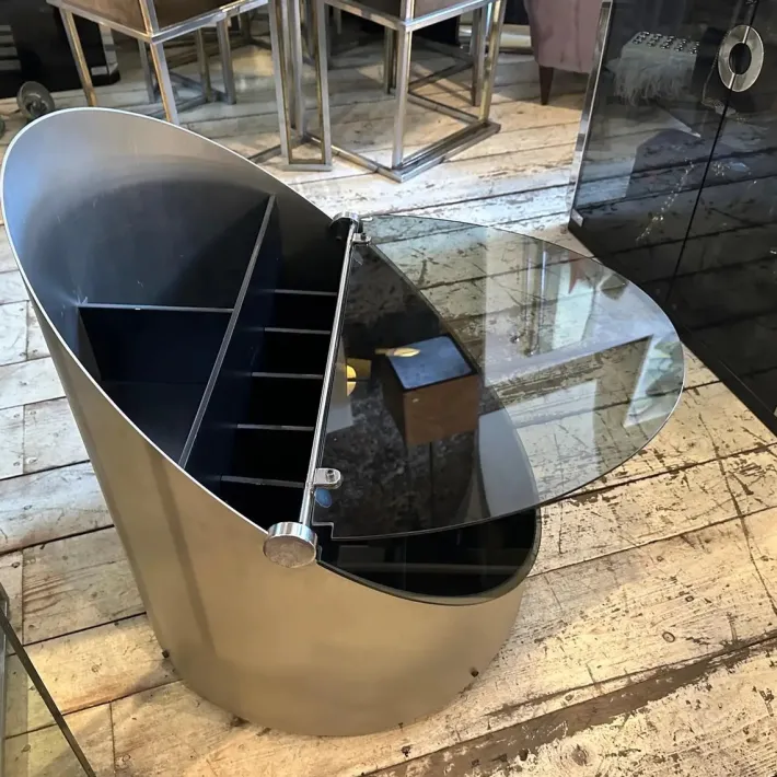 Pamono Vintage Space Age Steel and Glass Bar Cart by Claudio Salocchi for Luigi Sormani, 1970s New