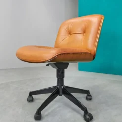 Pamono Vintage Swivel Chair with Wheels in Leather and Teak from Mim Roma, 1970s New