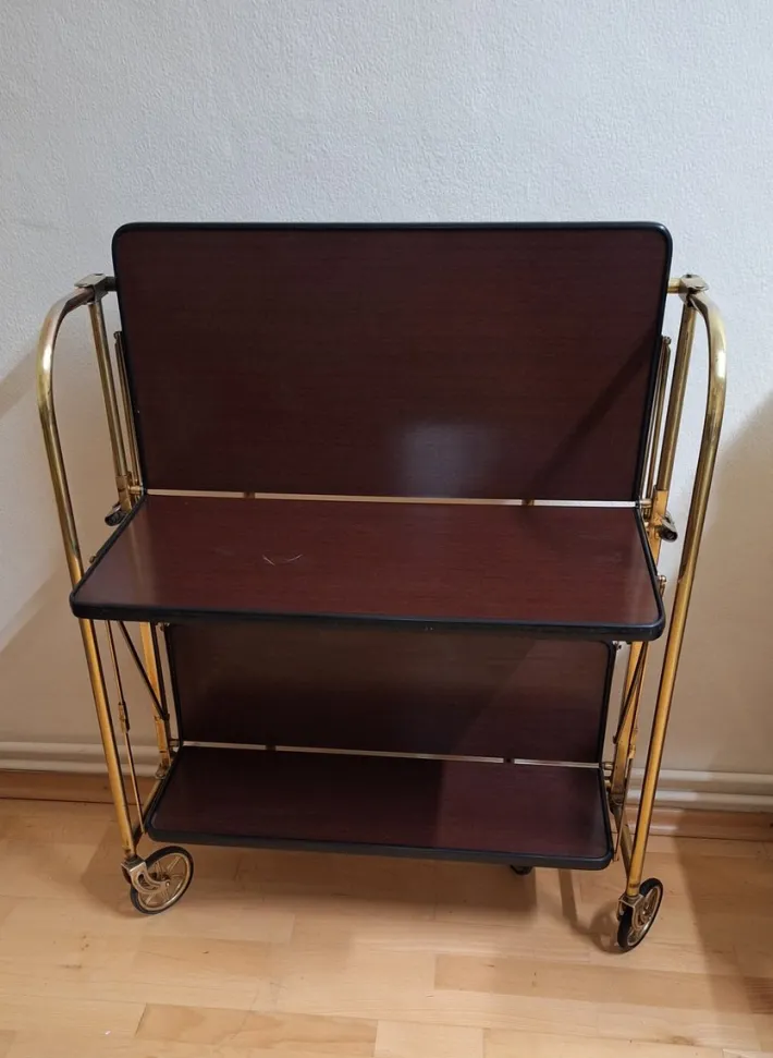 Pamono Vintage Tea Trolley with Metal Frame with Wheels and Formica Floors with Mahogany Veneer on the Back, 1970s Online