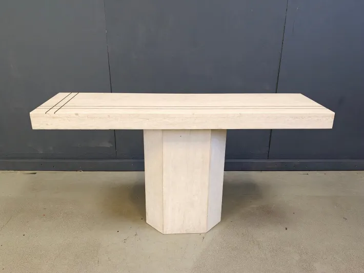 Pamono Vintage Travertine and Brass Console Table attributed to Roche Bobois, 1970s
