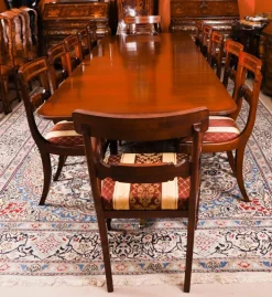 Pamono Vintage Twin Pillar Mahogany Dining Table and Chairs, Set of 13 Clearance