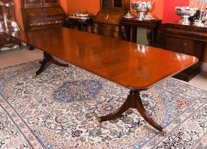 Pamono Vintage Twin Pillar Mahogany Dining Table and Chairs, Set of 13 Clearance