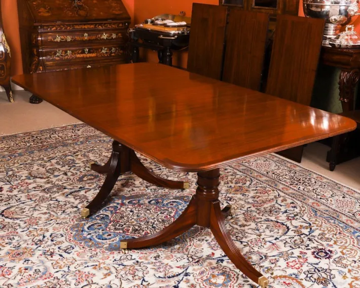 Pamono Vintage Twin Pillar Mahogany Dining Table and Chairs, Set of 13 Clearance