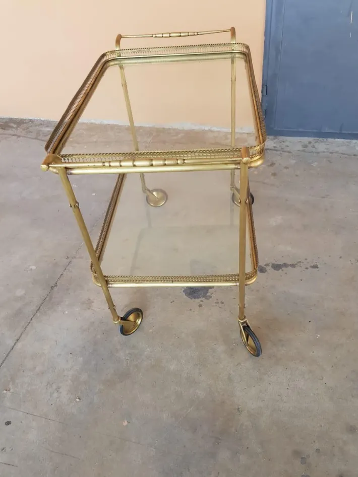 Pamono Vintage Two Shelves Trolley in Brass and Crystal, 1940s