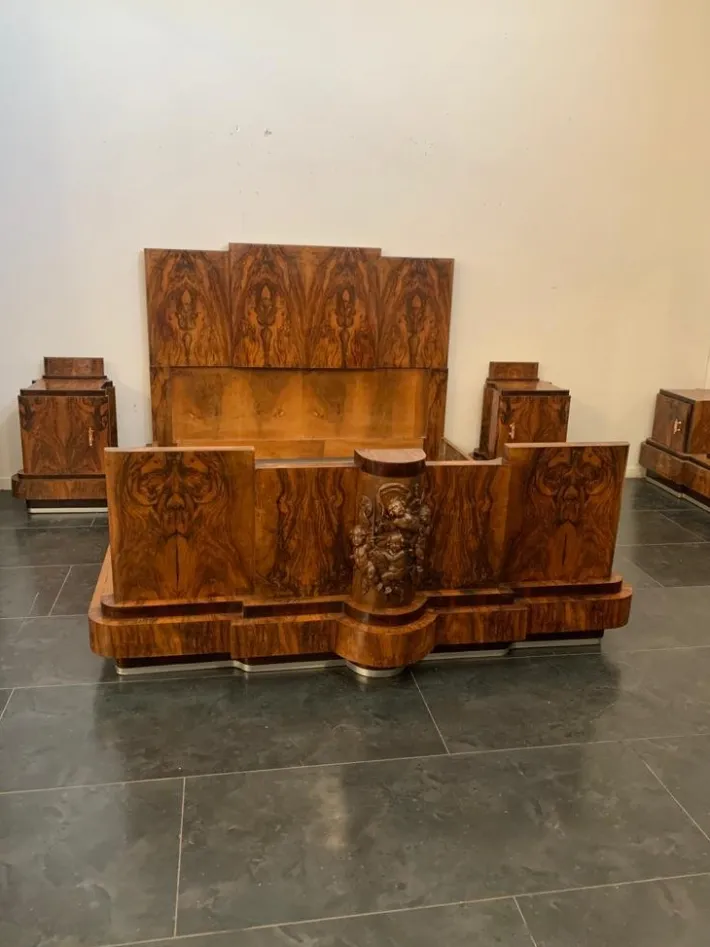 Pamono Walnut Bed and Nightstands with Cherub Carvings by Ducrot, 1920s, Set of 3