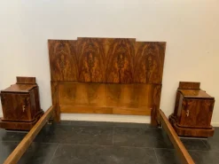 Pamono Walnut Bed and Nightstands with Cherub Carvings by Ducrot, 1920s, Set of 3