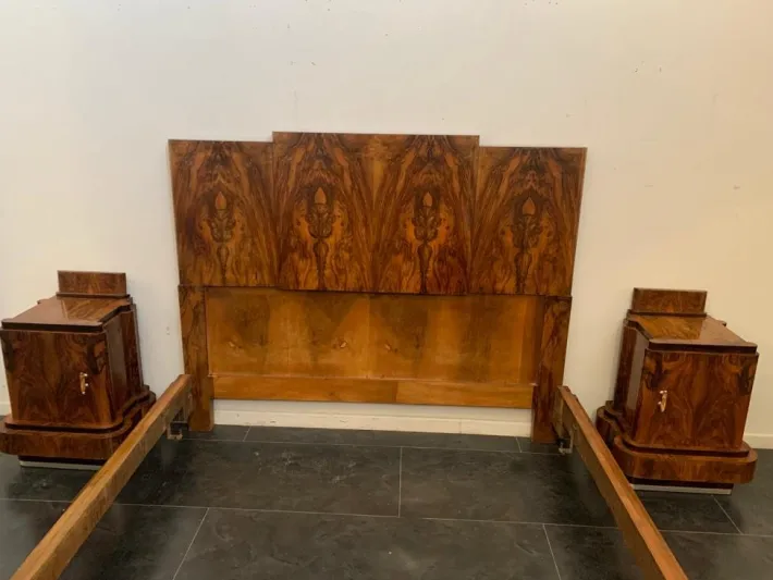 Pamono Walnut Bed and Nightstands with Cherub Carvings by Ducrot, 1920s, Set of 3