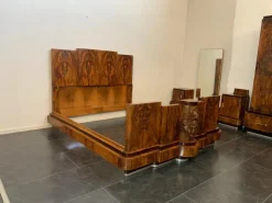 Pamono Walnut Bed and Nightstands with Cherub Carvings by Ducrot, 1920s, Set of 3