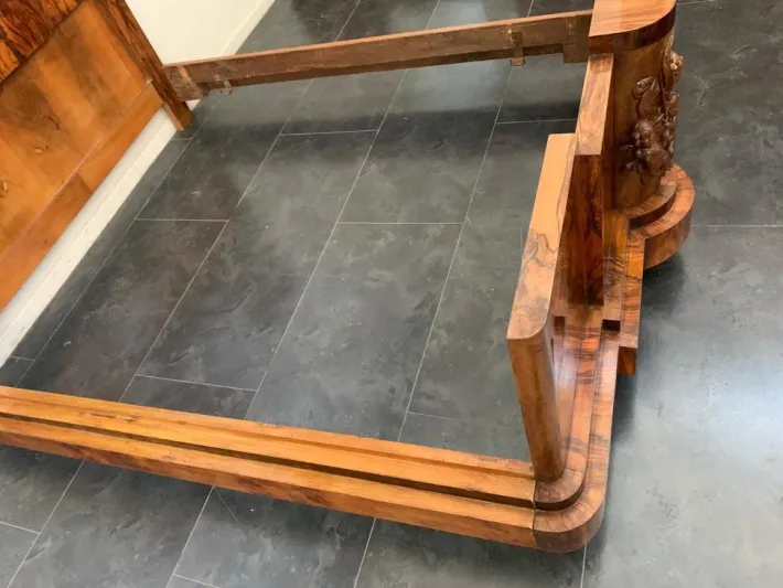 Pamono Walnut Bed and Nightstands with Cherub Carvings by Ducrot, 1920s, Set of 3