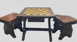 Pamono Walnut Chess Table with Hand-Carved Figures, Spain, 1960s, Set of 3 New
