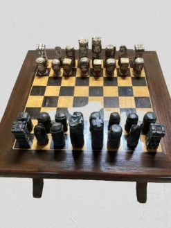 Pamono Walnut Chess Table with Hand-Carved Figures, Spain, 1960s, Set of 3 New