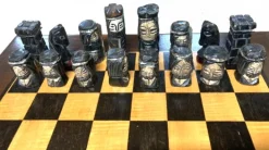 Pamono Walnut Chess Table with Hand-Carved Figures, Spain, 1960s, Set of 3 New