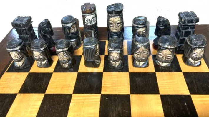 Pamono Walnut Chess Table with Hand-Carved Figures, Spain, 1960s, Set of 3 New
