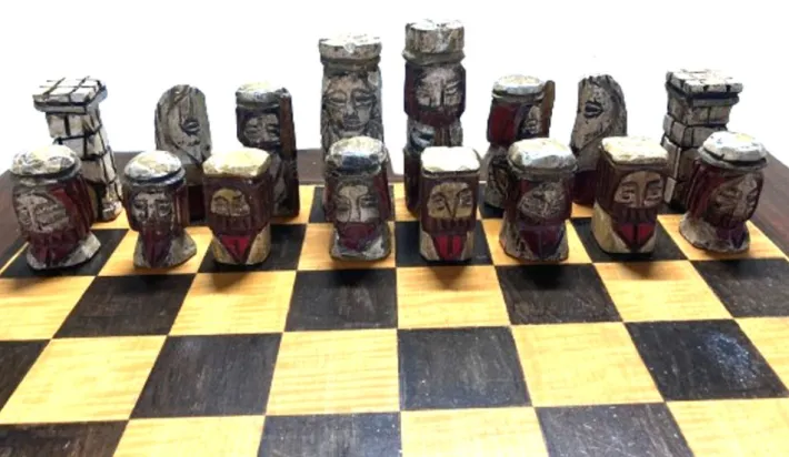 Pamono Walnut Chess Table with Hand-Carved Figures, Spain, 1960s, Set of 3 New