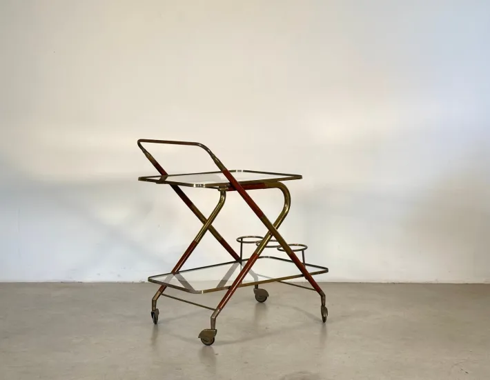 Pamono Wooden and Brass Bar Trolley by Cesare Lacca, 1960s Clearance