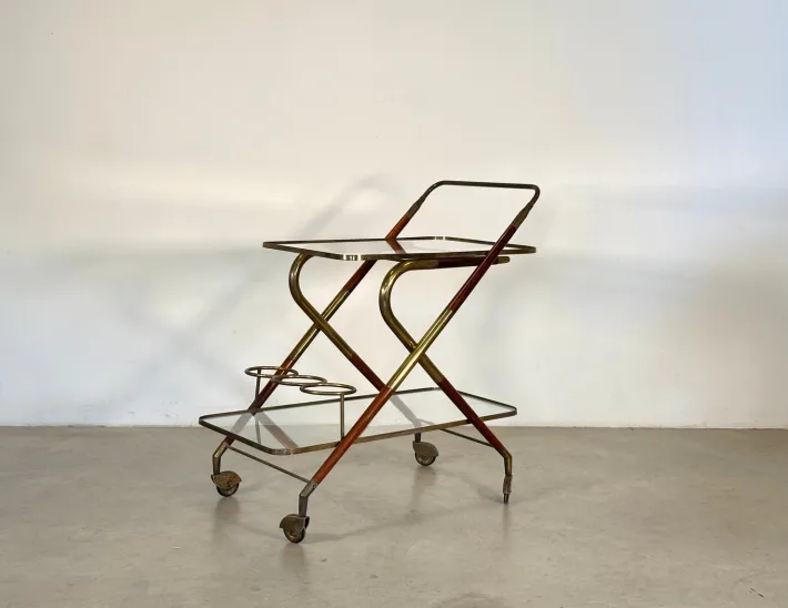 Pamono Wooden and Brass Bar Trolley by Cesare Lacca, 1960s Clearance