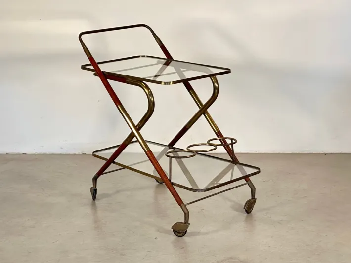 Pamono Wooden and Brass Bar Trolley by Cesare Lacca, 1960s Clearance